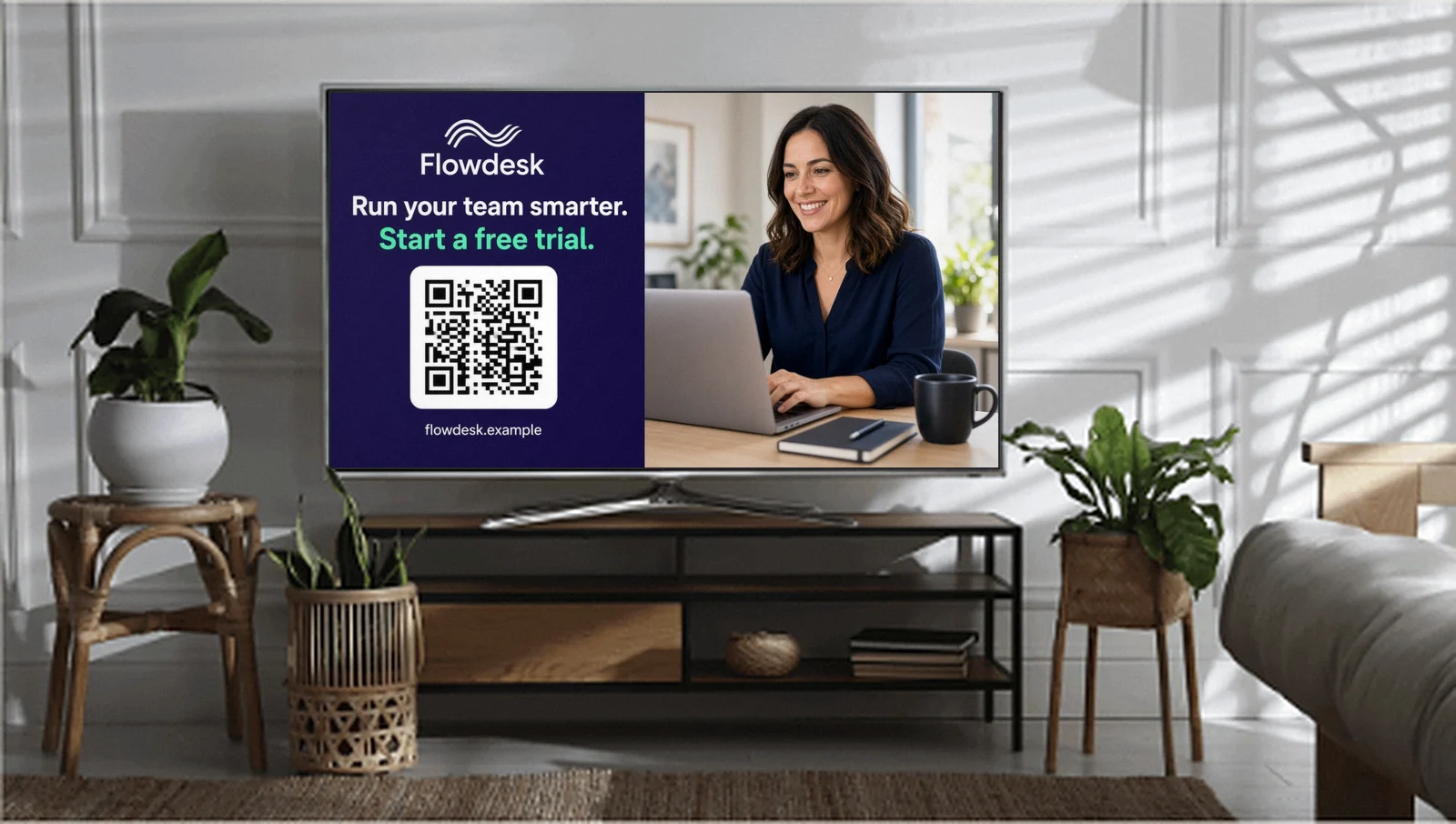 Streaming TV ad for a SaaS company with a QR code and free trial offer, playing in a living room