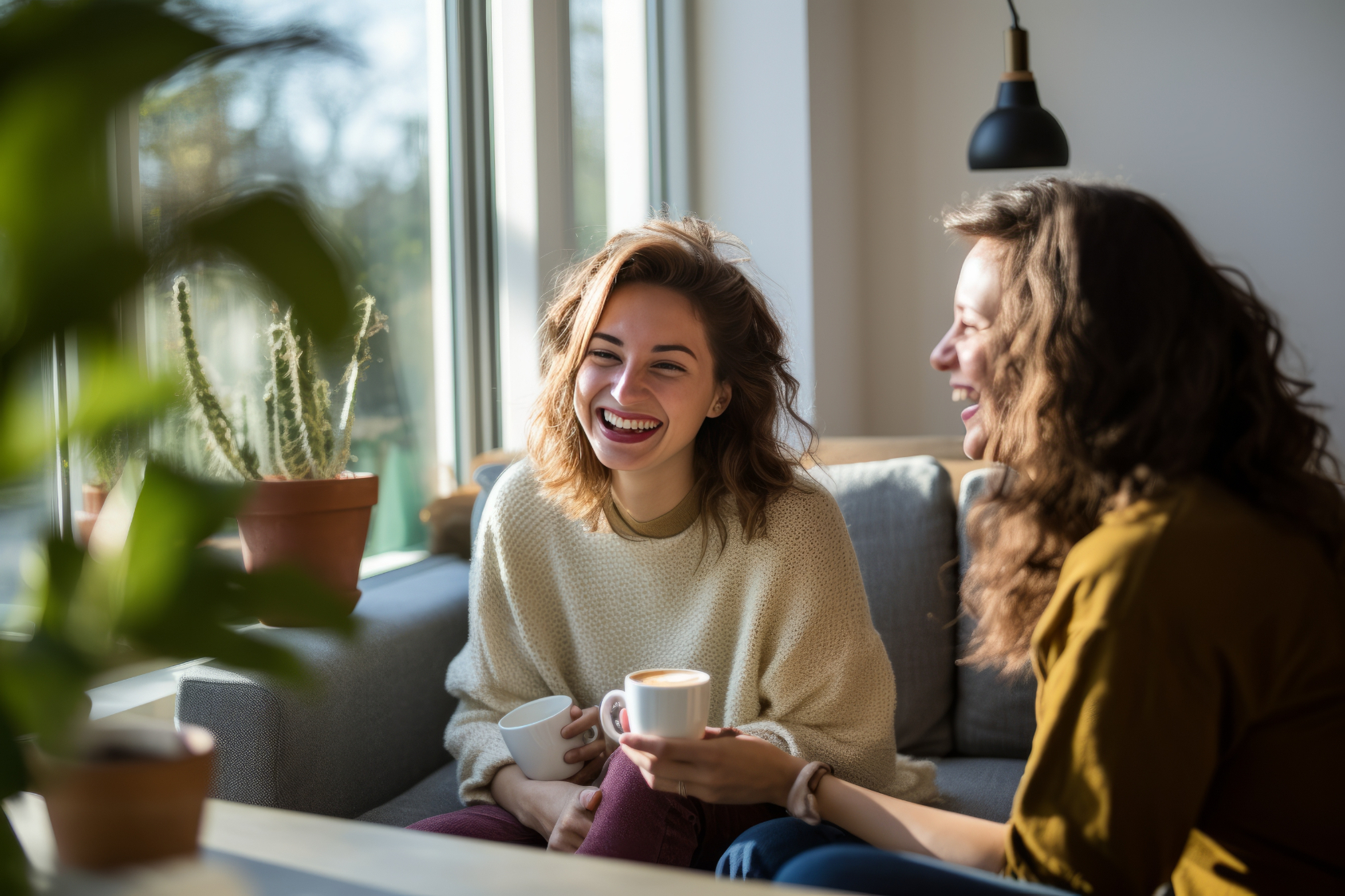 Women chatting on sofa stock image
