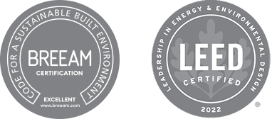 BREEAM Excellent and LEED Certified badges