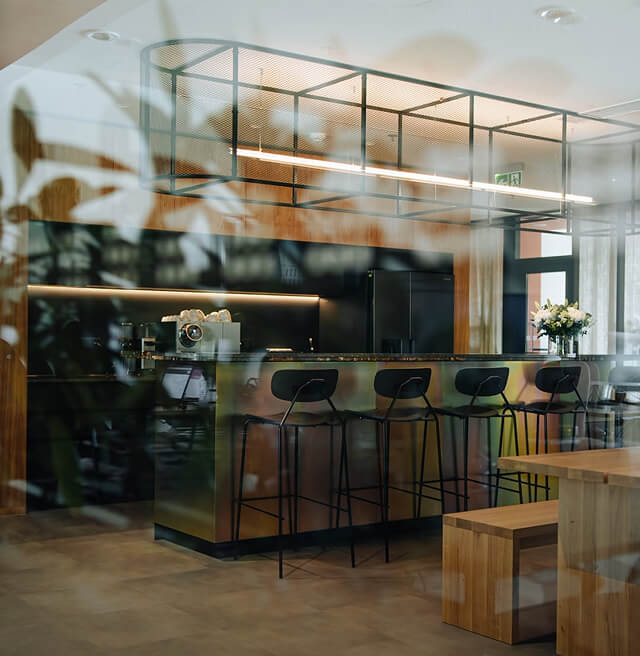 Bar counter and kitchenette in the office space