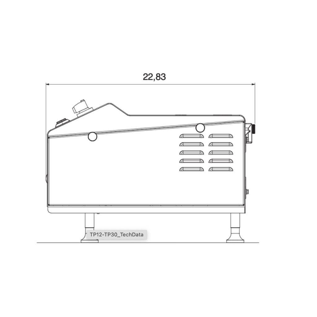 Technical side view drawing of a tabletop meat slicer with a length dimension of 22.83 units.
