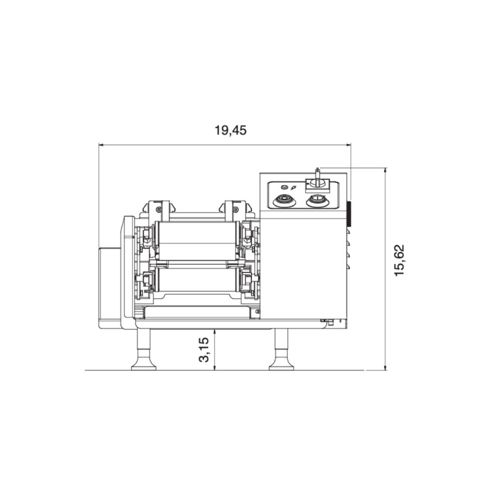 Technical side view drawing of a machine with labeled dimensions 19.45 width and 15.62 height.