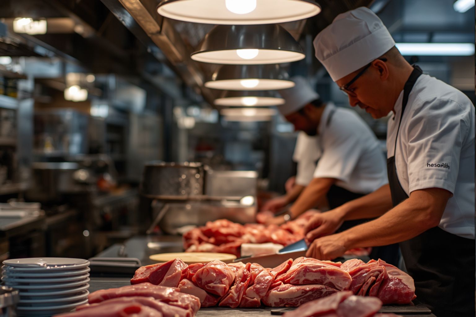Chefs in white hats slicing raw meat in a professional kitchen under industrial lights.