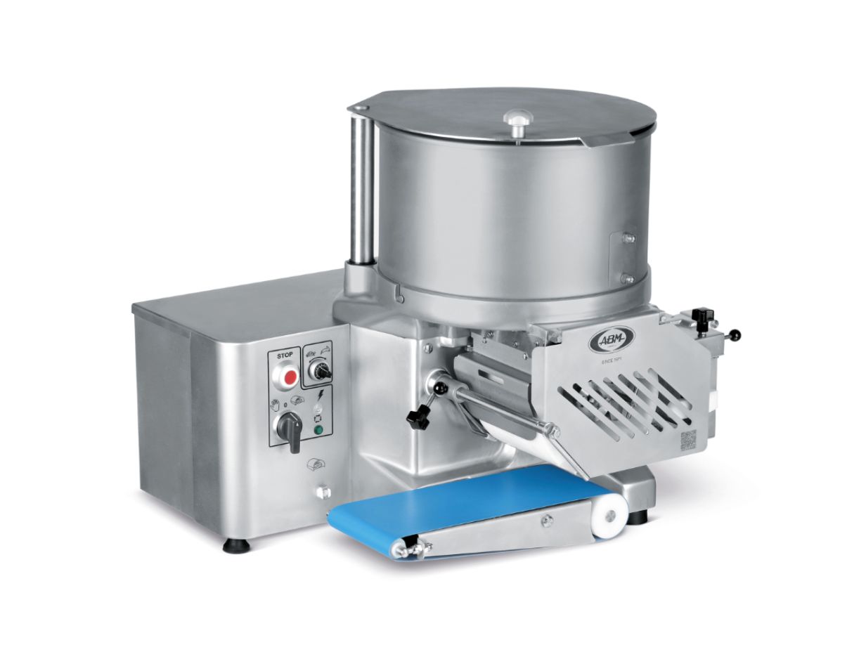 Industrial stainless steel food processing machine with blue conveyor belt and control panel.