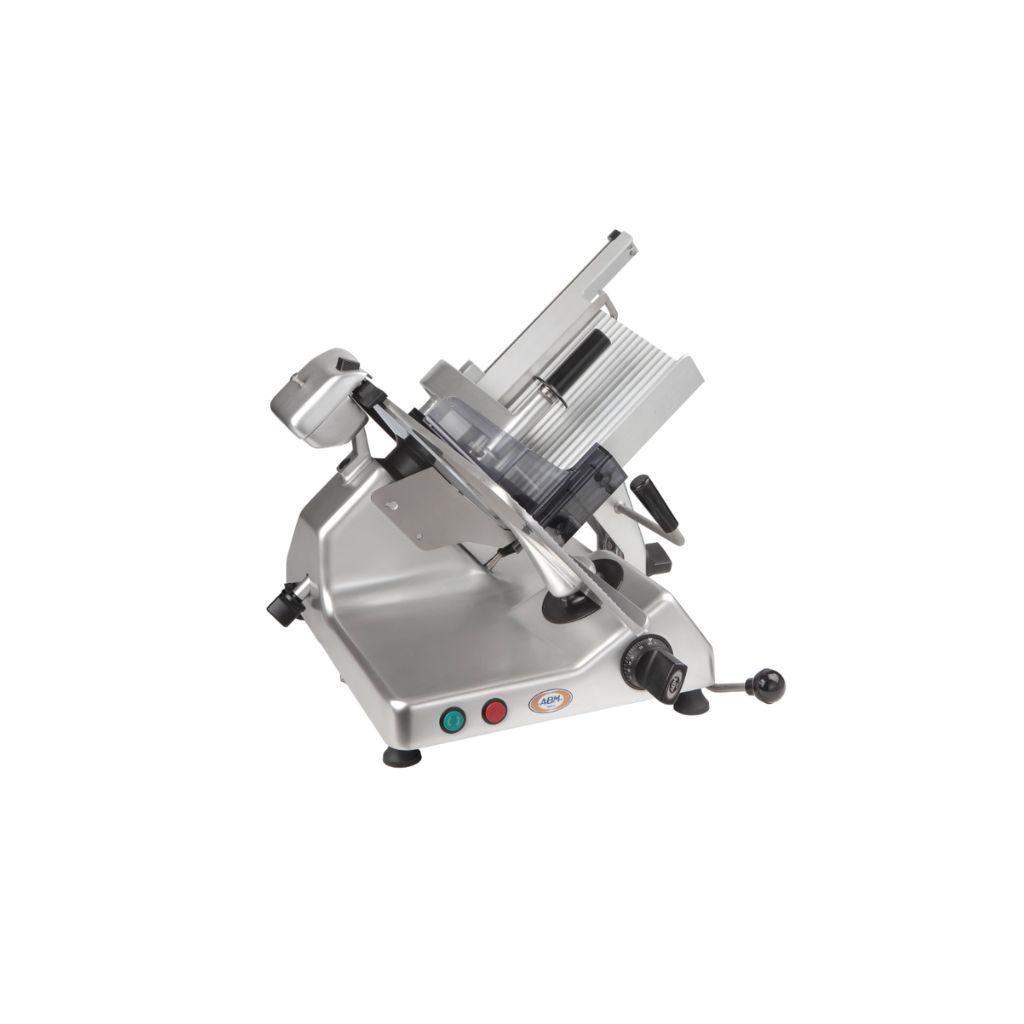 Stainless steel electric meat slicer with adjustable thickness knob and food holder.