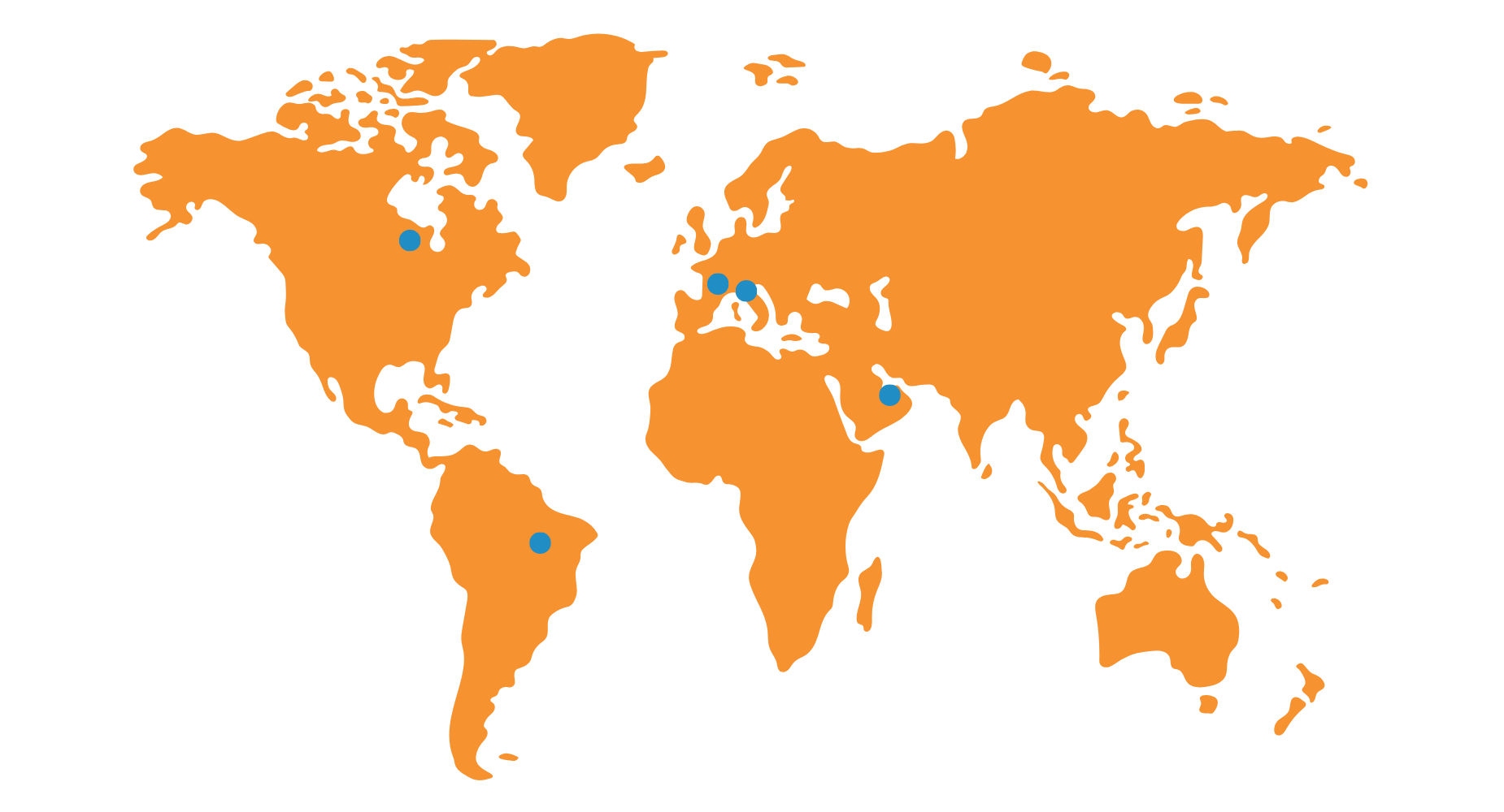 Orange world map with six blue dots marking locations in North America, South America, Europe, and Asia.