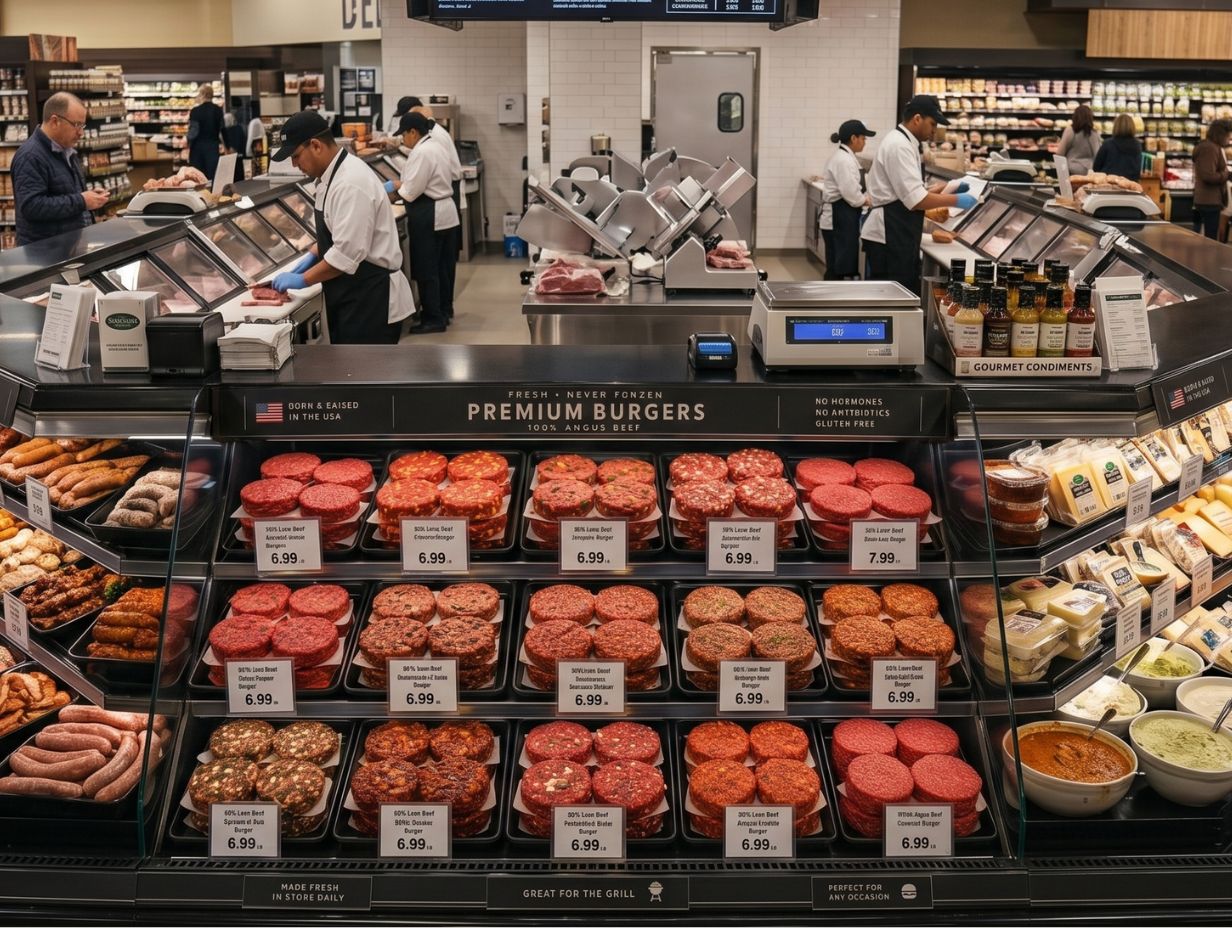 Grocery deli counter with workers and a glass case displaying various premium burger patties and condiments.