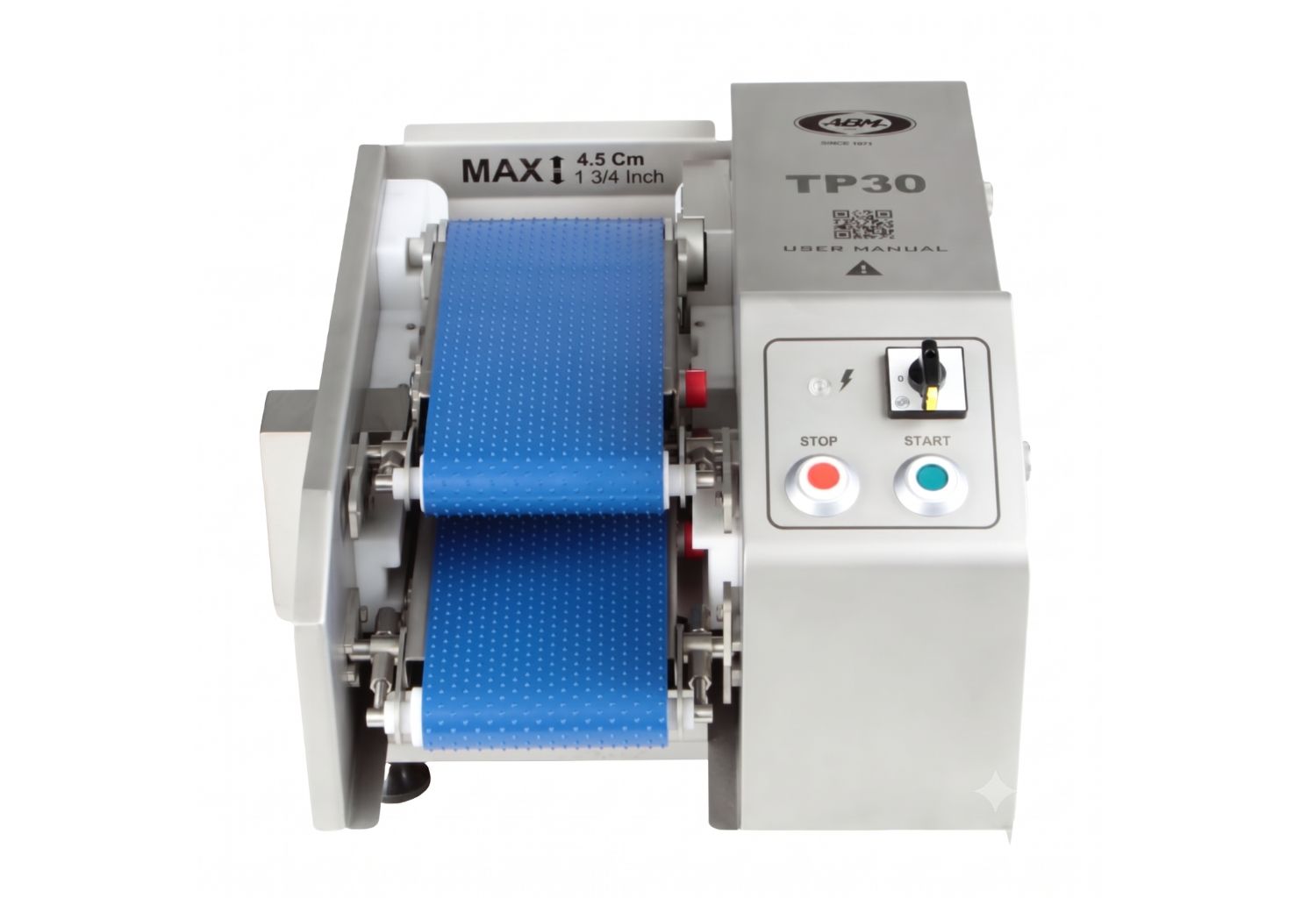 ABM TP30 machine with blue conveyor belt, stop and start buttons, and control switch.