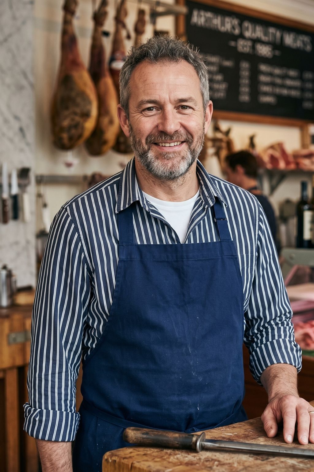 Smiling middle-aged butcher in striped shirt and navy apron stands behind counter with knife in shop.
