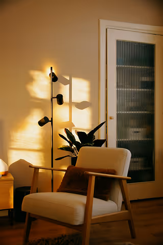 Cozy chair with brown pillow, plant, floor lamp, and door with textured glass in warm sunlight. In ventura for therapy session.
