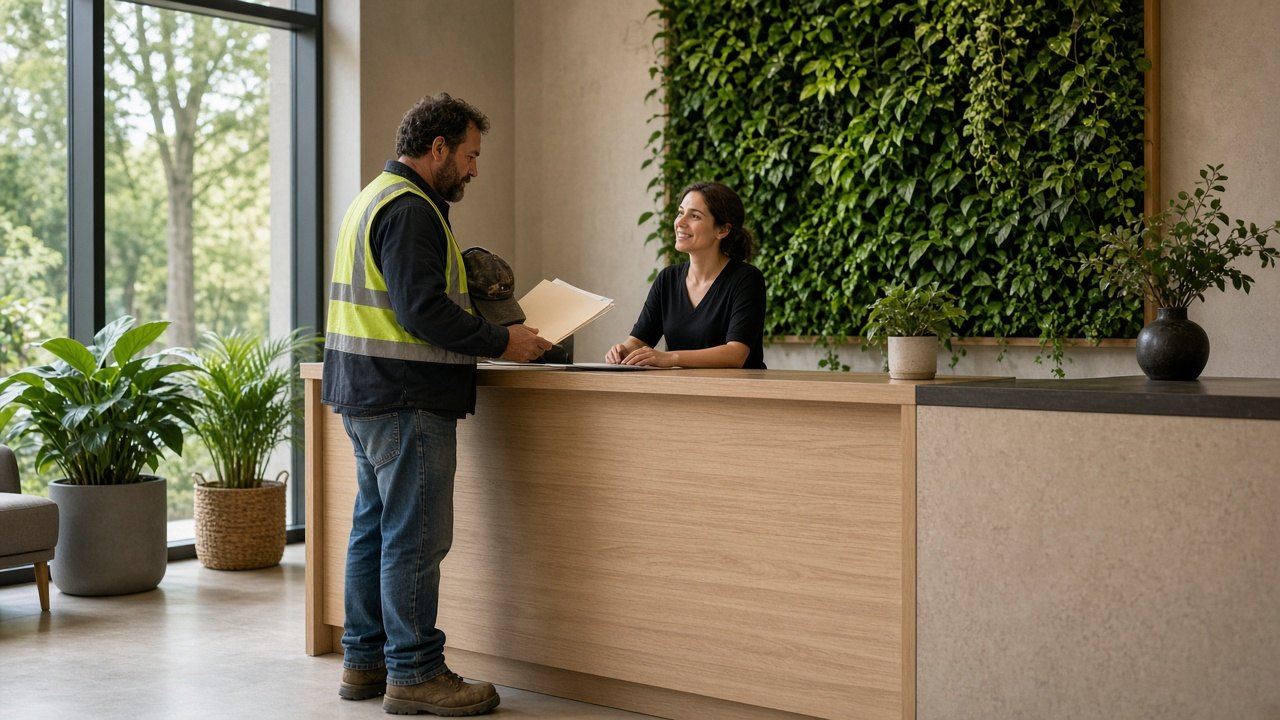 Driver in a hi-vis vest checking in at the Kee Health front desk with his paperwork