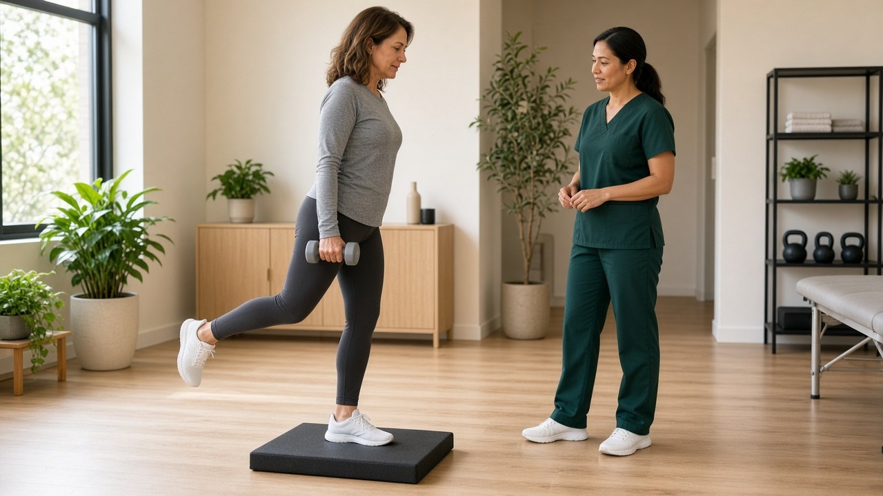 Patient doing a single-leg balance exercise with a clinician coaching at Kee Health in Waunakee