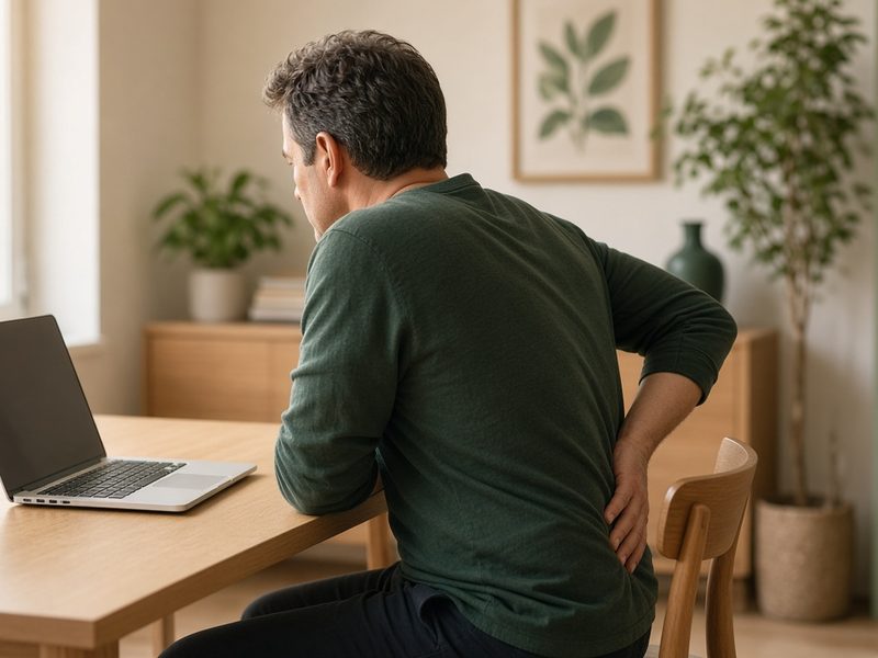 Adult at a desk holding their low back