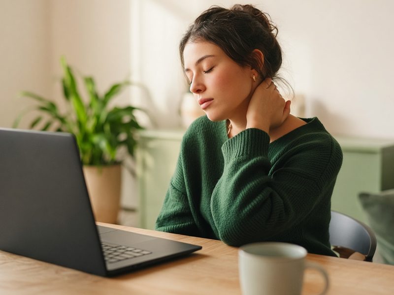 Adult at a laptop rubbing the back of the neck