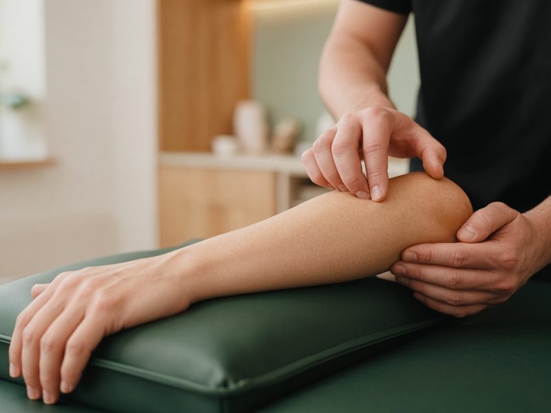 Clinician examining a patient’s forearm and elbow