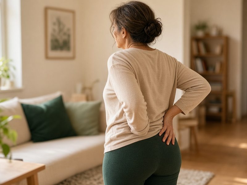 Adult standing with a hand on the back of the hip and thigh
