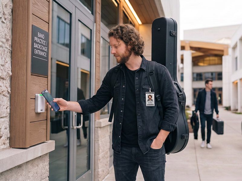A musician uses a mobile device to open a door