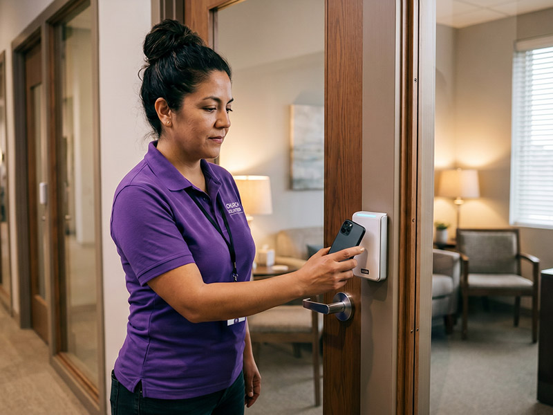 A female maintenance staff member accesses a room using a mobile device