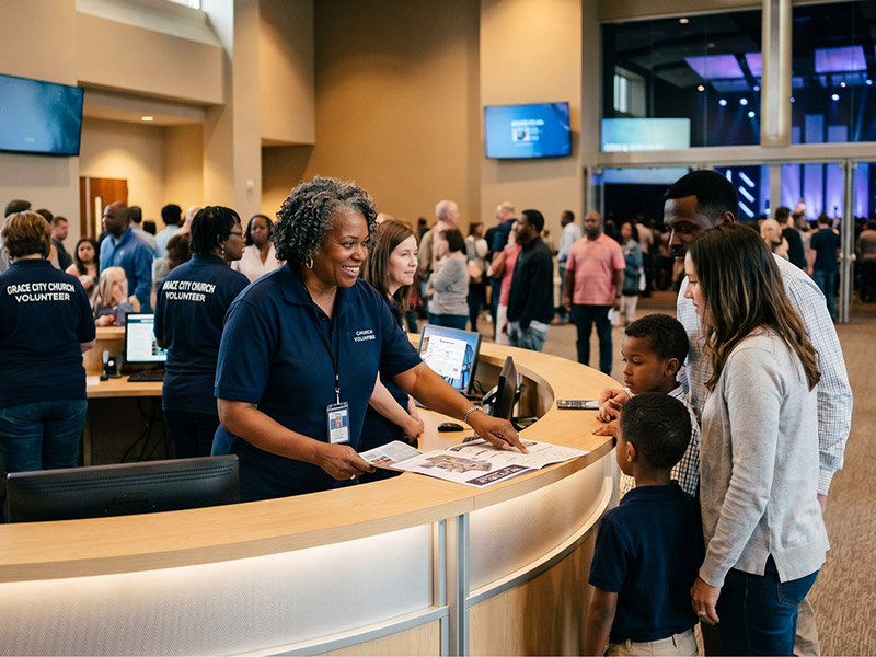 A woman greets a young family at a reception desk
