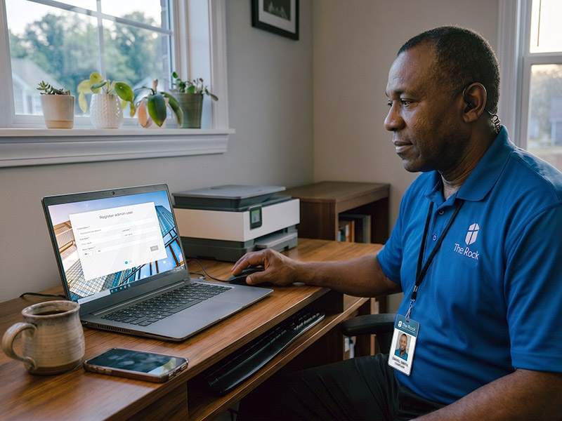 A facilities staff member uses a laptop computer to administer a security system