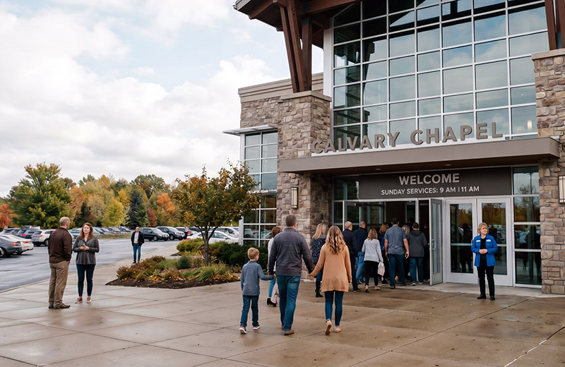 People enter a modern church building