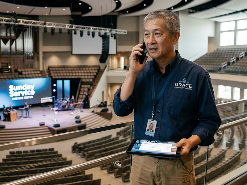 A facilities staff member uses a laptop computer to administer a security system