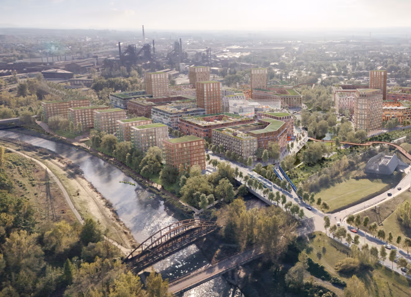 Vizualizace urbanistického projektu s budovami, zelení, řekou a mosty v průmyslovém městském prostředí.