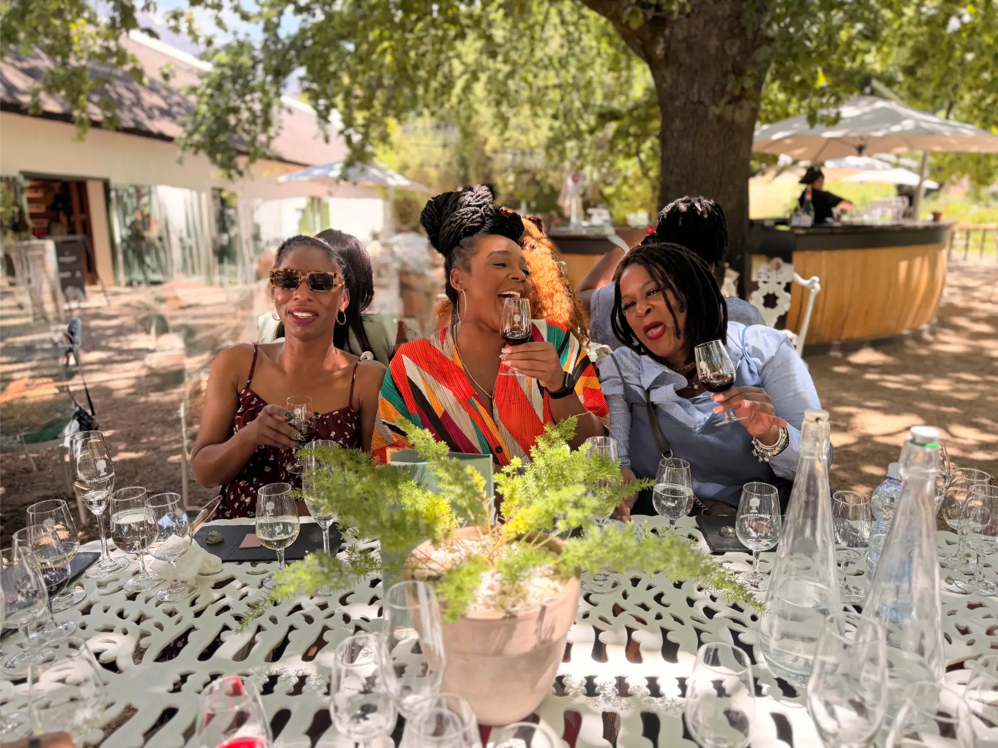 Three women enjoying drinks and laughing at an outdoor table under a tree on a sunny day.