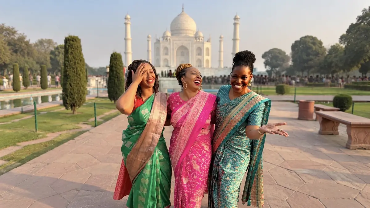 Three Haitian Nomad travelers in colorful saris laughing together in front of the Taj Mahal
