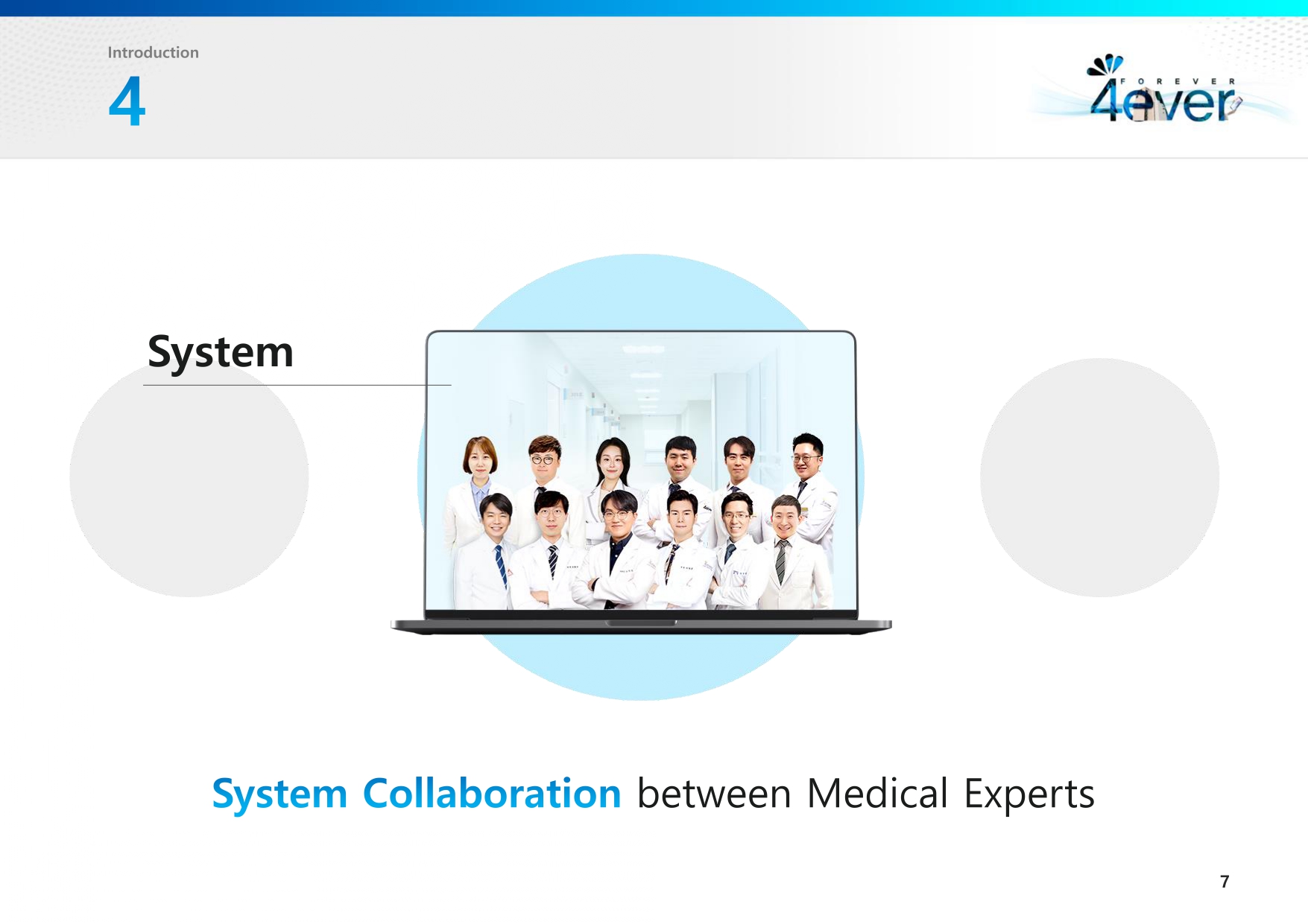Presentation slide highlighting 'System Collaboration,' featuring a laptop displaying a group of medical professionals in white lab coats standing together in a bright corridor. The caption below reads, 'System Collaboration between Medical Experts.'