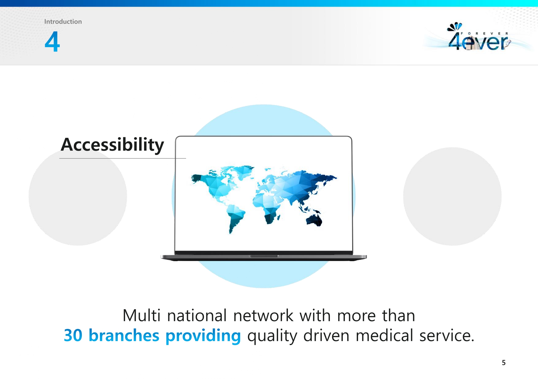 Slide featuring the concept of 'Accessibility' for 4ever Cosmetic Surgery and Dermatology Clinic. The central image shows a world map with blue geometric patterns displayed on a laptop screen. The text emphasizes a multinational network with over 30 branches delivering quality-driven medical services worldwide.