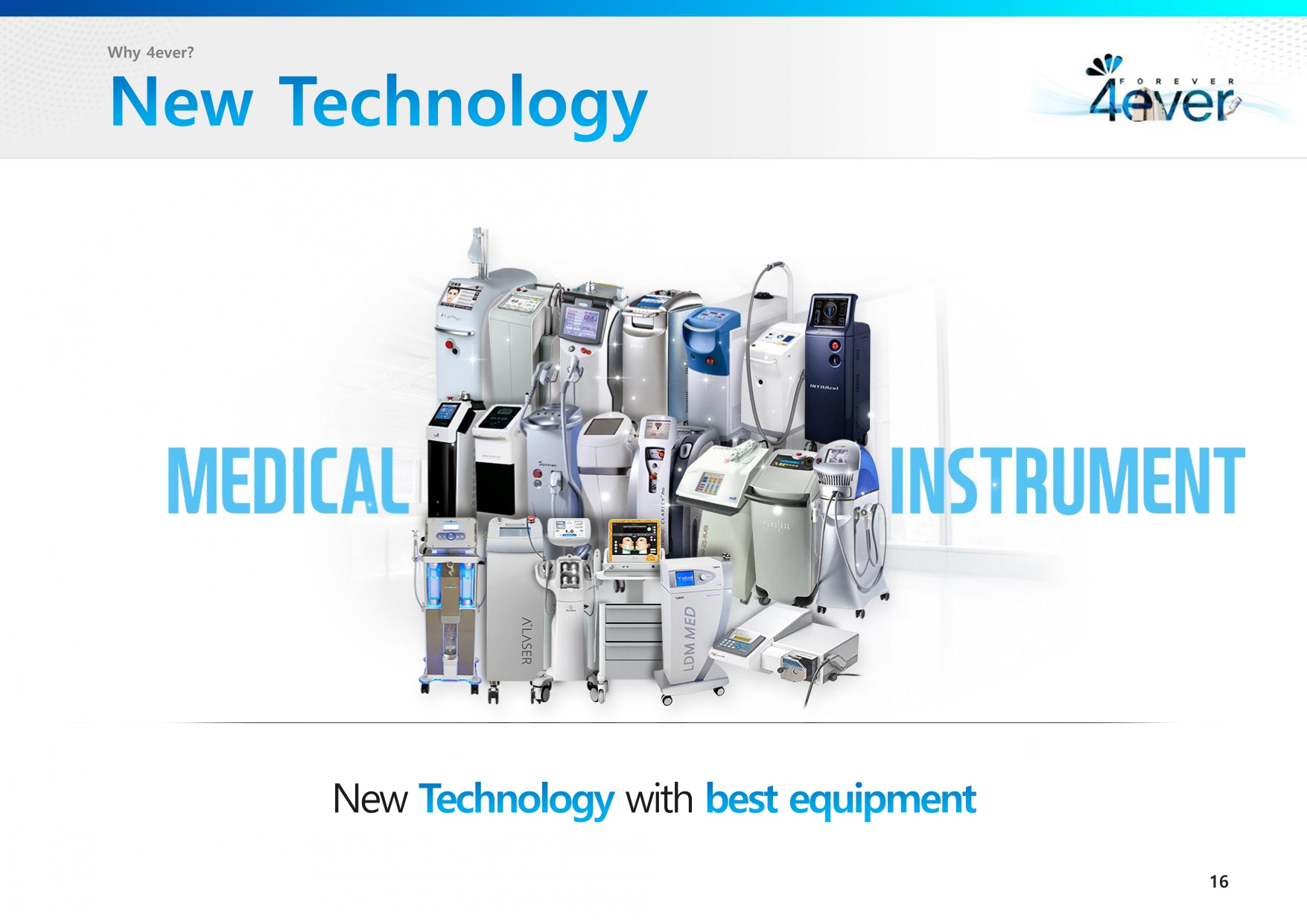 Slide showcasing a collection of advanced medical instruments under the title 'New Technology,' emphasizing state-of-the-art equipment used in modern medical procedures at 4ever.