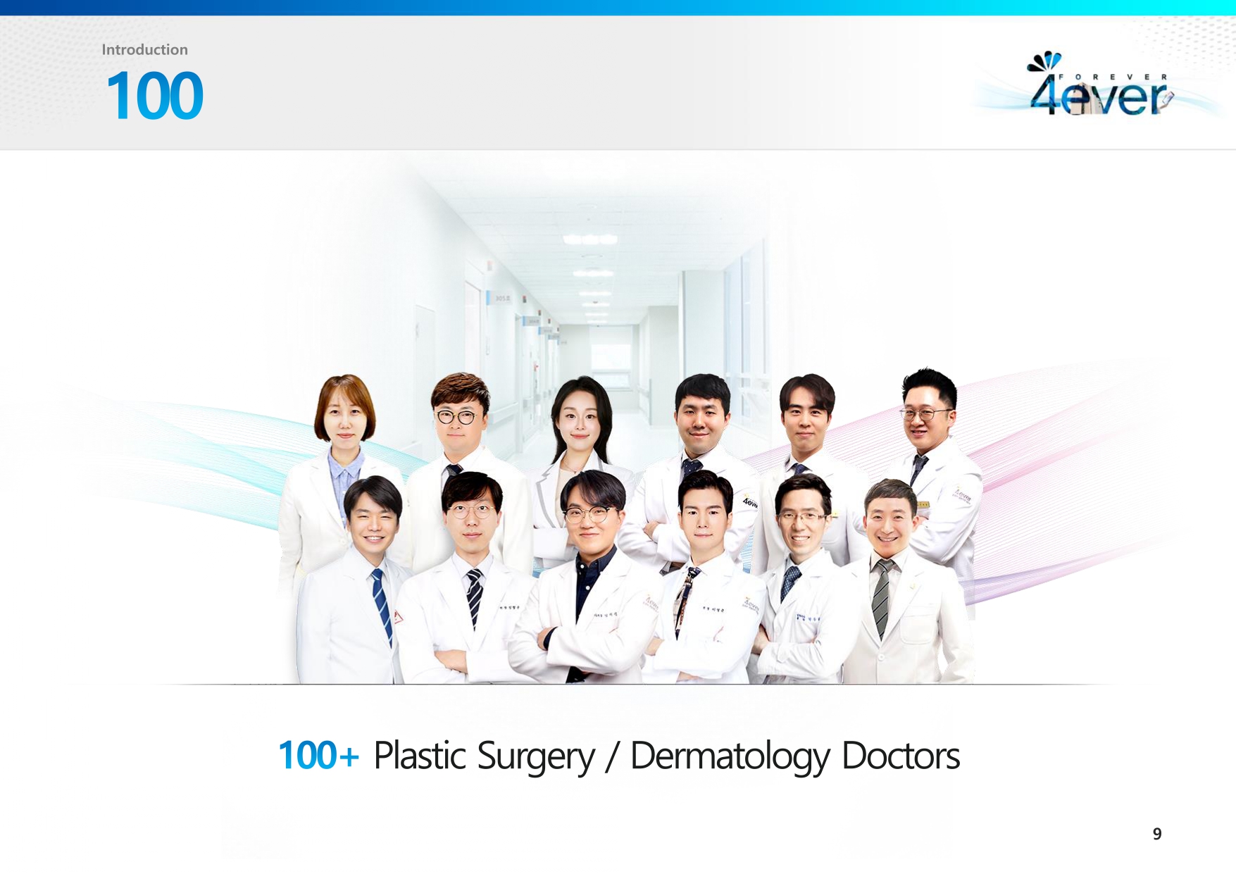 Slide showcasing 100+ plastic surgery and dermatology doctors at 4ever, featuring a group of professional doctors in white coats, standing in a brightly lit clinical hallway.