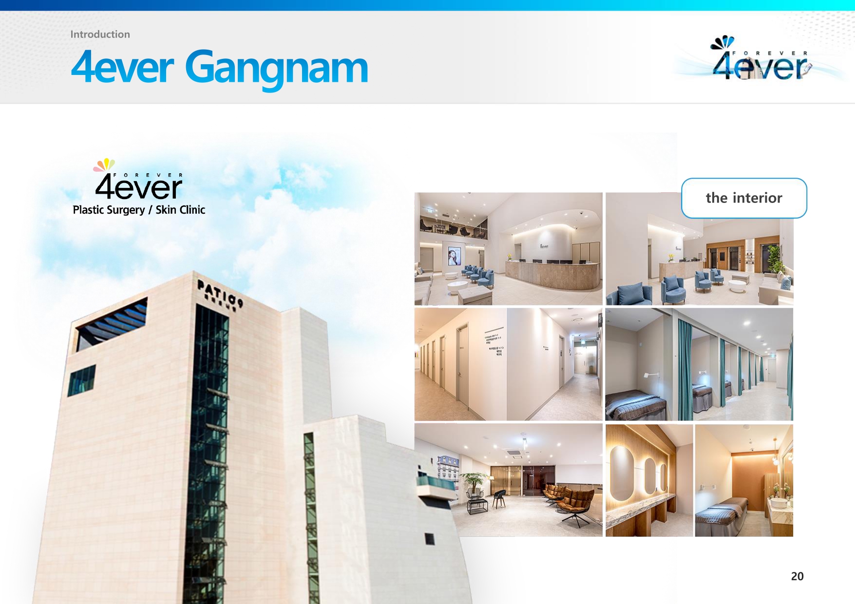 Collage of 4ever Gangnam Plastic Surgery and Skin Clinic exterior and interior, featuring a modern building with glass accents, a sleek reception area, waiting rooms with contemporary furniture, private treatment rooms, and elegant consultation spaces.