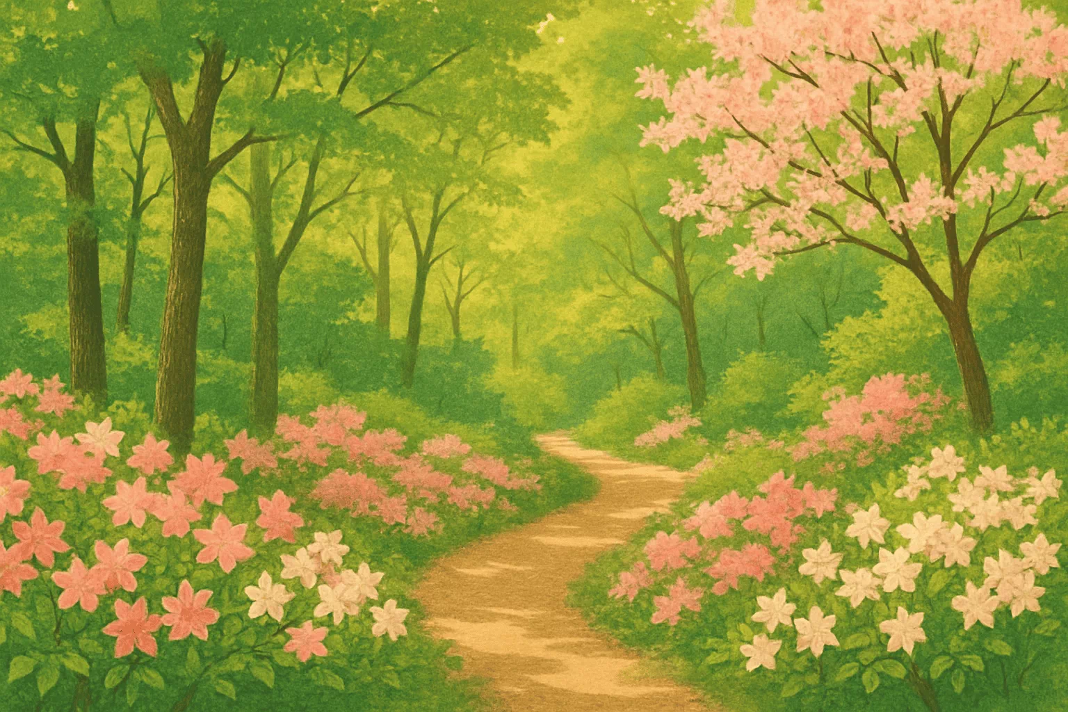 Serene forest path winding through blooming pink and white azaleas under lush green trees in spring.