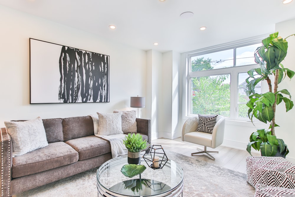 Modern living room with gray sofa, round glass coffee table, armchair, large window, and green plant.
