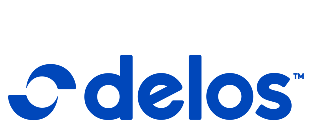 Delos company logo in blue with stylized circular design on the left