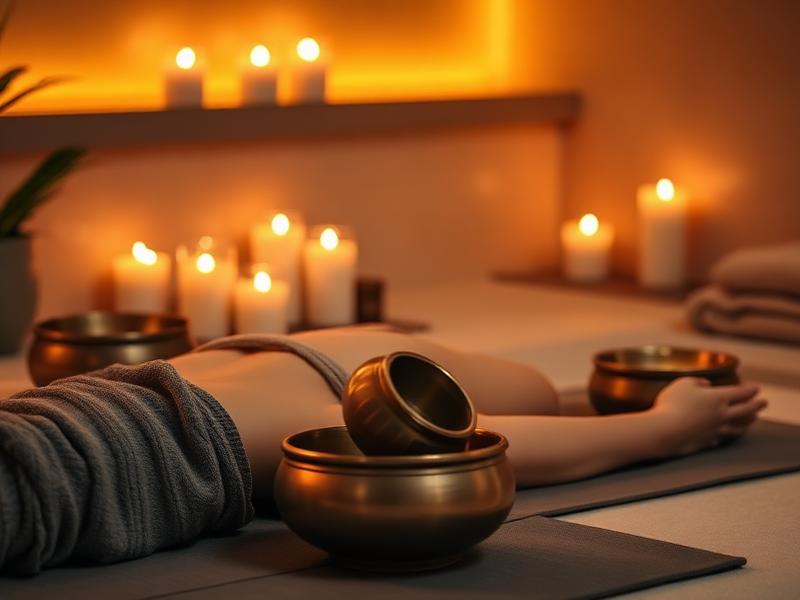 Person lying face down with brass sound bowls on back, candles lit in the dim room for healing.
