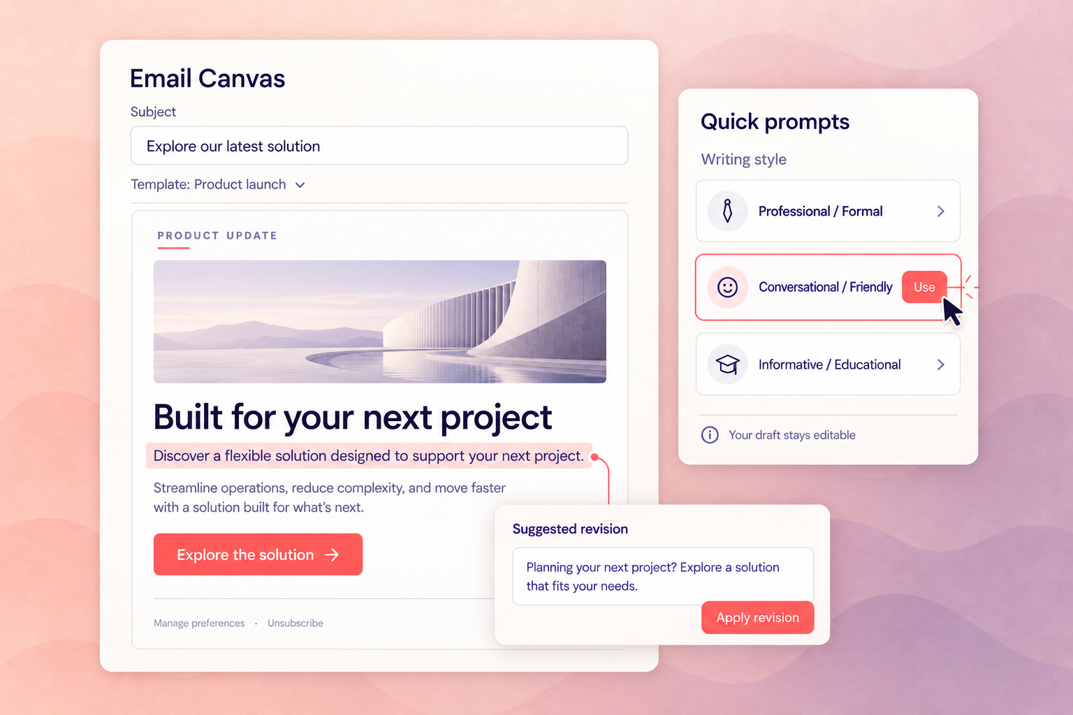 Illustrative Email Canvas with a marketing email template and Quick Prompts for refining copy.