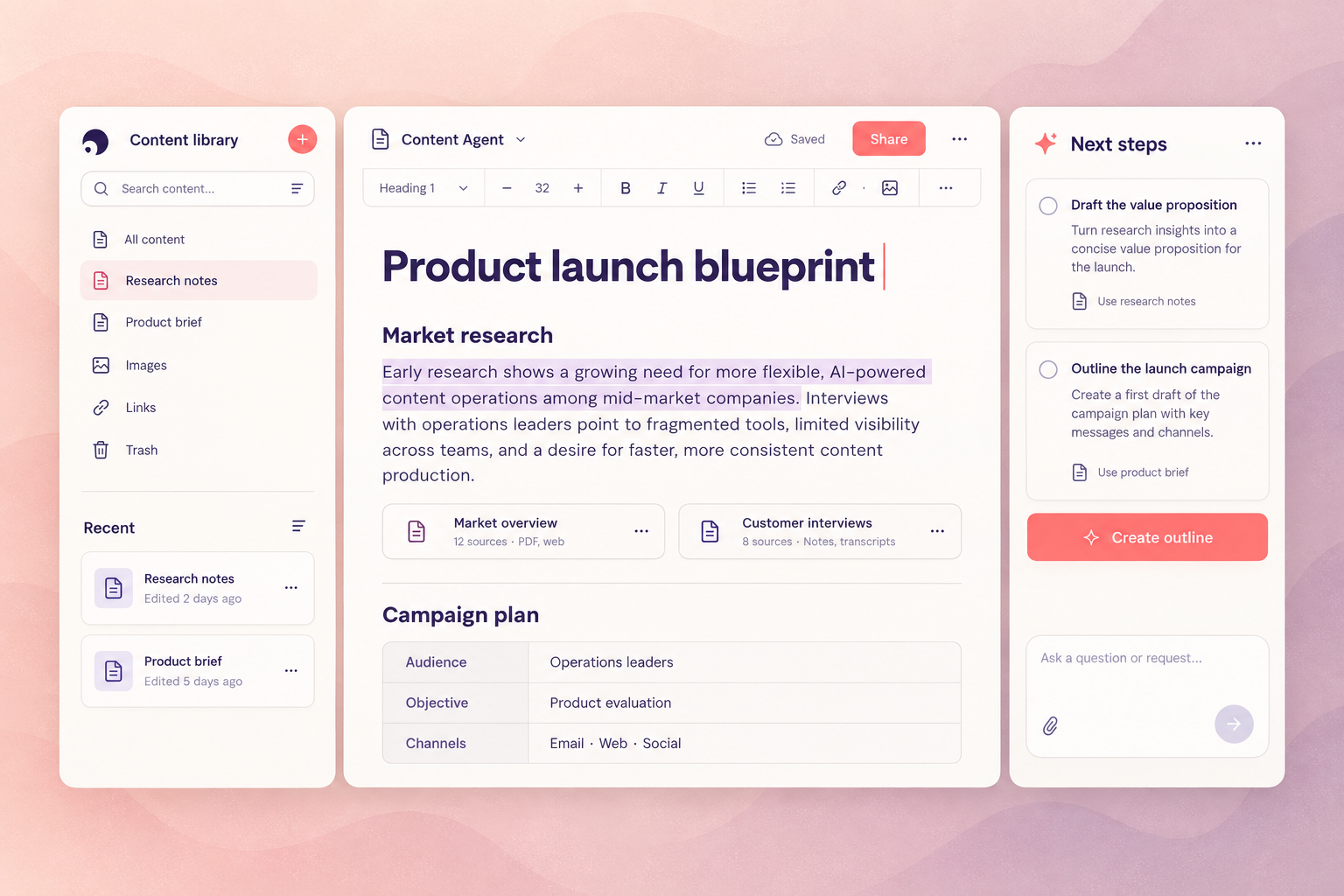Content Agent research workspace with a launch blueprint and recommended next steps.