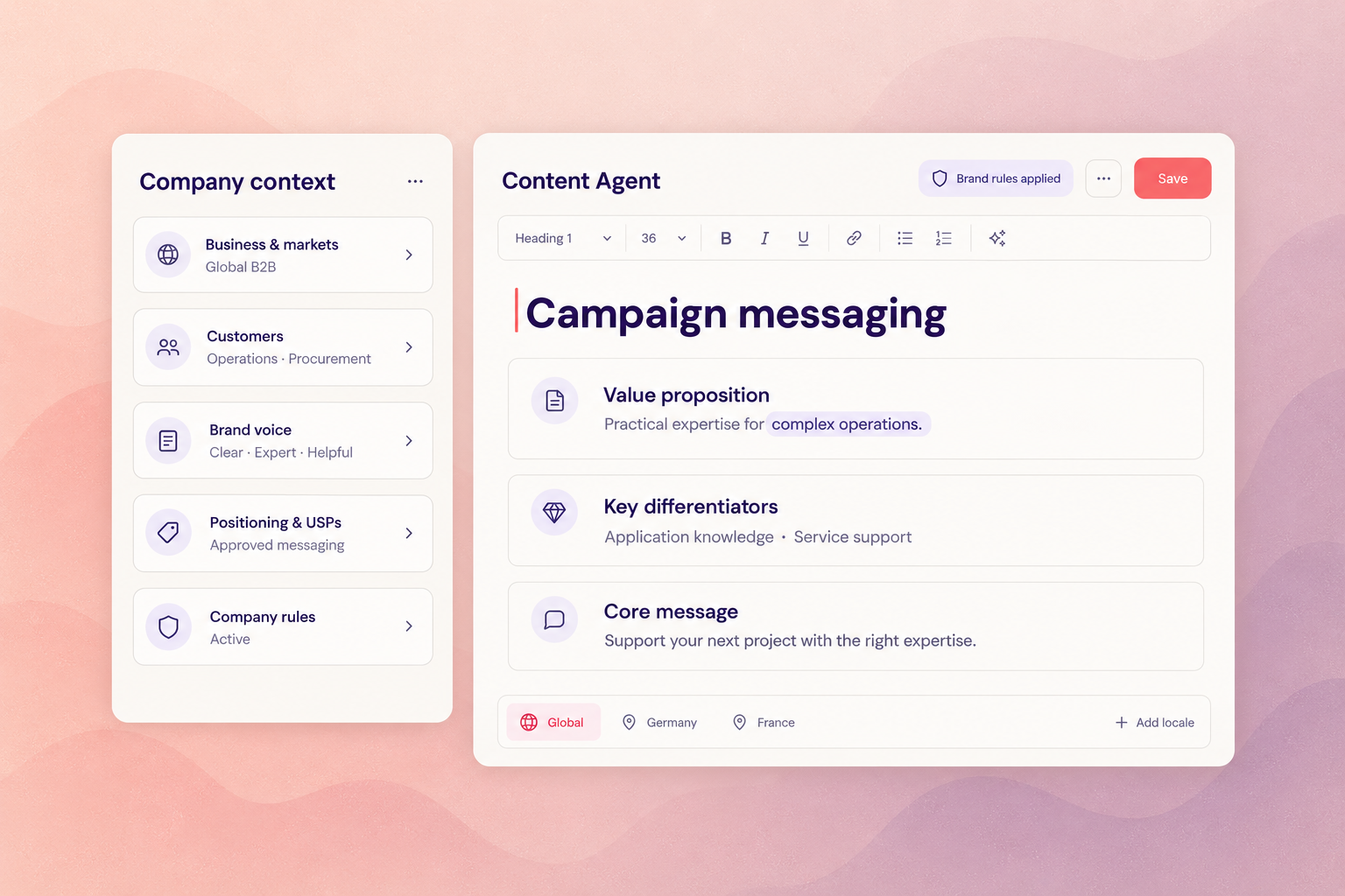 Company context and brand rules beside an editable campaign messaging document.