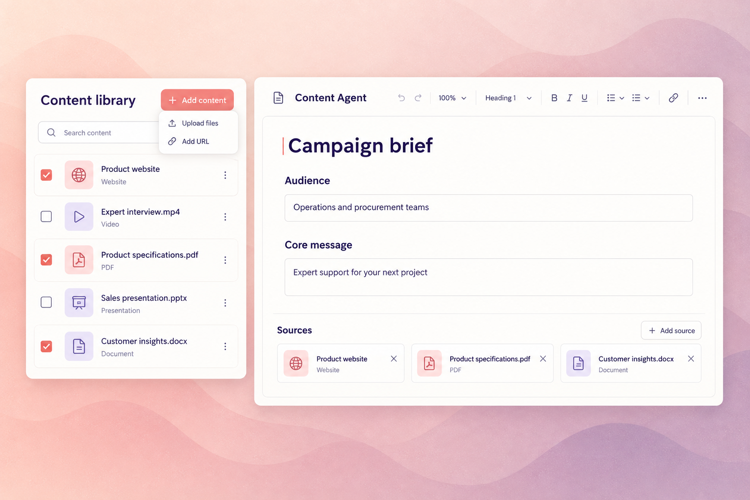 Content Agent source library with websites, video and documents beside a campaign brief.