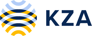 KZA logo with stylized yellow and blue wave patterns forming a sphere.