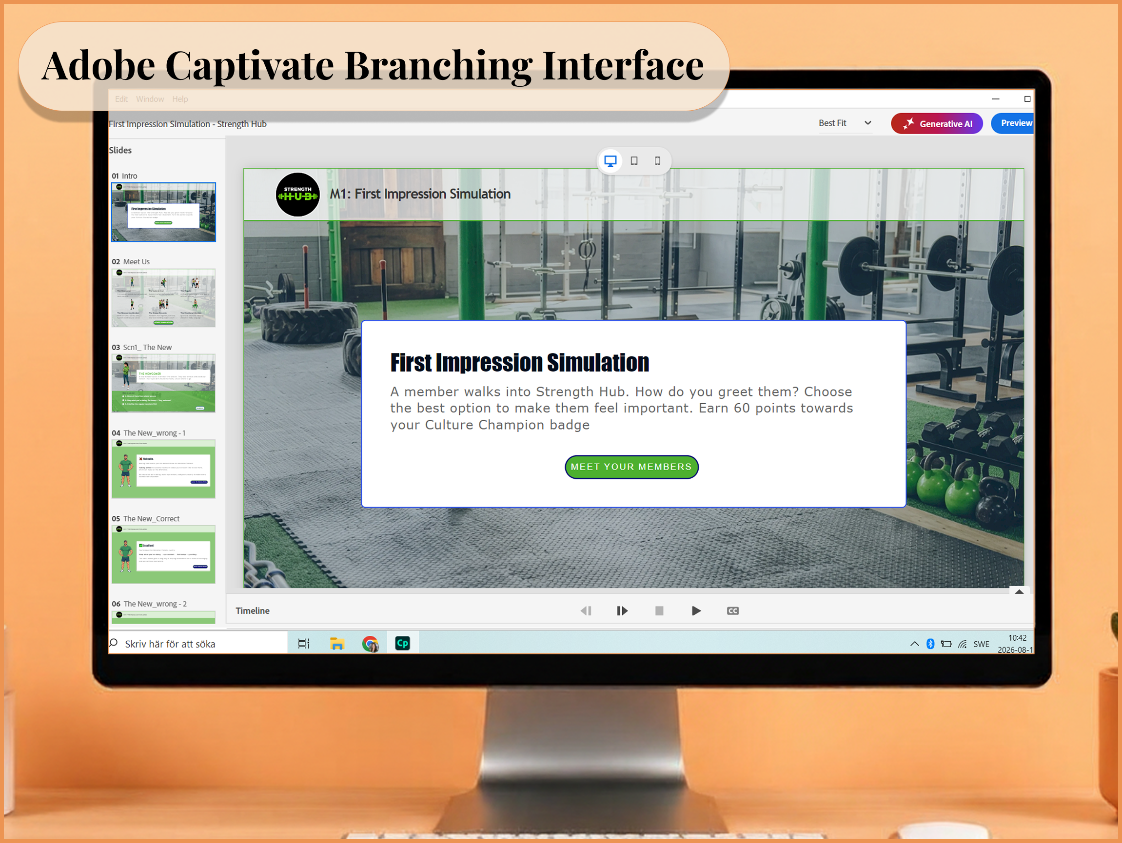 Computer screen showing Adobe Captivate Branching Interface with a training module titled 'First Impression Simulation' set in a gym environment, including workout equipment like tires and weights. The module invites users to choose the best greeting option to make a member feel important and earn points toward a Culture Champion badge, with a green button labeled 'MEET YOUR MEMBERS'. A slide navigation pane is visible on the left side.