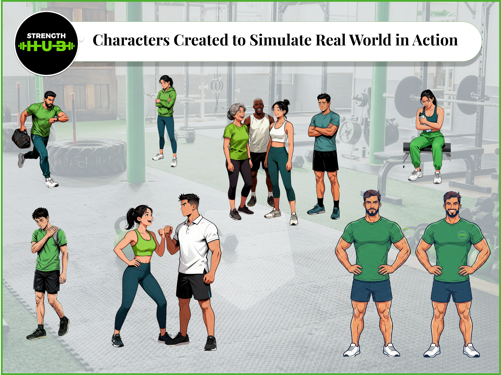 Illustration of various fitness characters in a gym setting demonstrating diverse activities and expressions including running with a sandbag, stretching, fist bumping, standing with arms crossed, resting with a water bottle, and two identical muscular men standing with hands on hips, under the heading 'Characters Created to Simulate Real World in Action' and a Strength Hub logo.