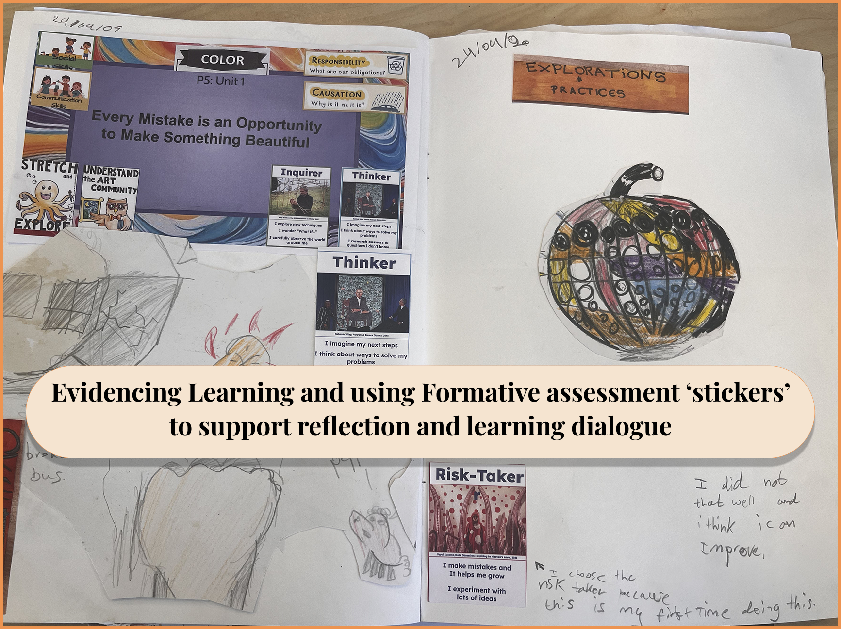 Open notebook showing student work with a colorful abstract pumpkin drawing on the right page labeled 'Explorations Practices.' The left page has a purple header with the text 'Every Mistake is an Opportunity to Make Something Beautiful' and various formative assessment stickers labeled Thinker, Risk-Taker, Inquirer, Social Skills, Communication Skills, Responsibility, and Causation. There are pencil sketches beneath the stickers. Handwritten notes below the pumpkin drawing read, 'I did not that well and I think I can improve,' and 'I choose the risk taker because this is my first time doing this.'