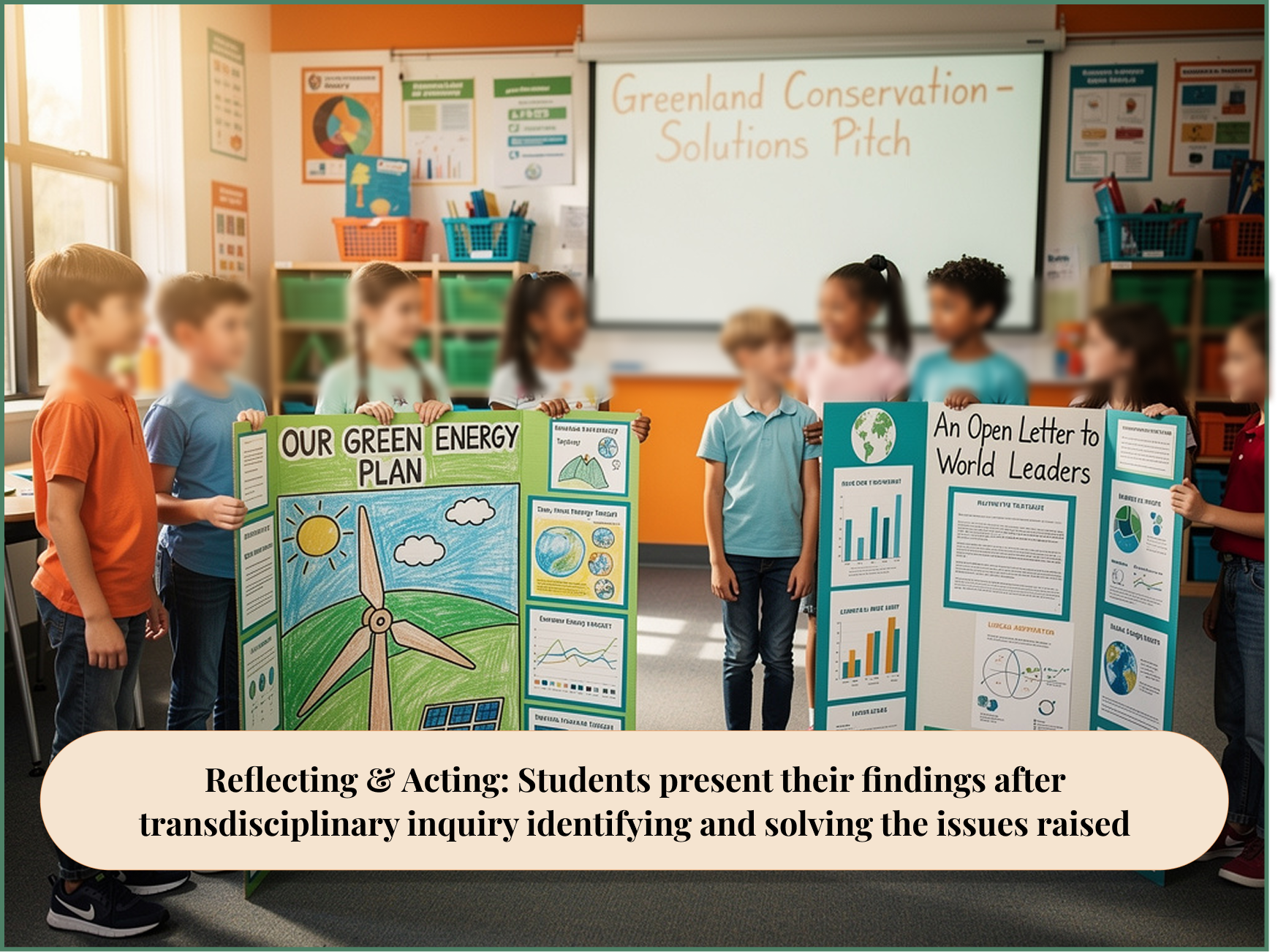 A group of school children standing in a classroom presenting two large tri-fold display boards; one titled 'Our Green Energy Plan' with drawings of a wind turbine, sun, and solar panels, the other titled 'An Open Letter to World Leaders' with charts and text; a whiteboard behind them reads 'Greenland Conservation - Solutions Pitch'.