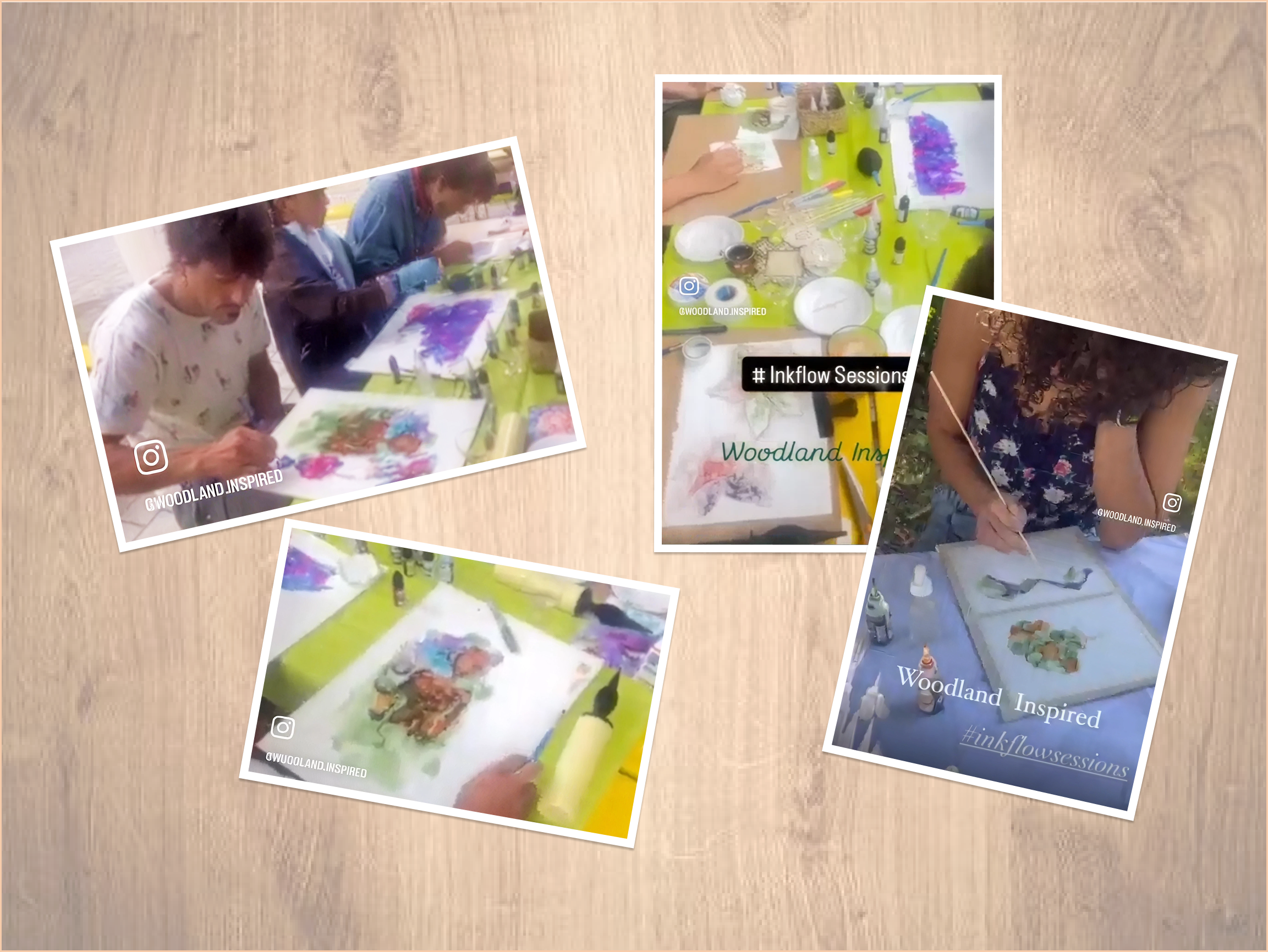 Collage of four photos showing people engaged in Inkflow Sessions painting with watercolor and ink on paper, displayed on a wood surface background. Various colorful paintings and art materials like brushes, bottles, and plates are visible on green and blue table covers. The Instagram handle @WOODLAND.INSPIRED and hashtag #inkflowsessions appear on the photos.
