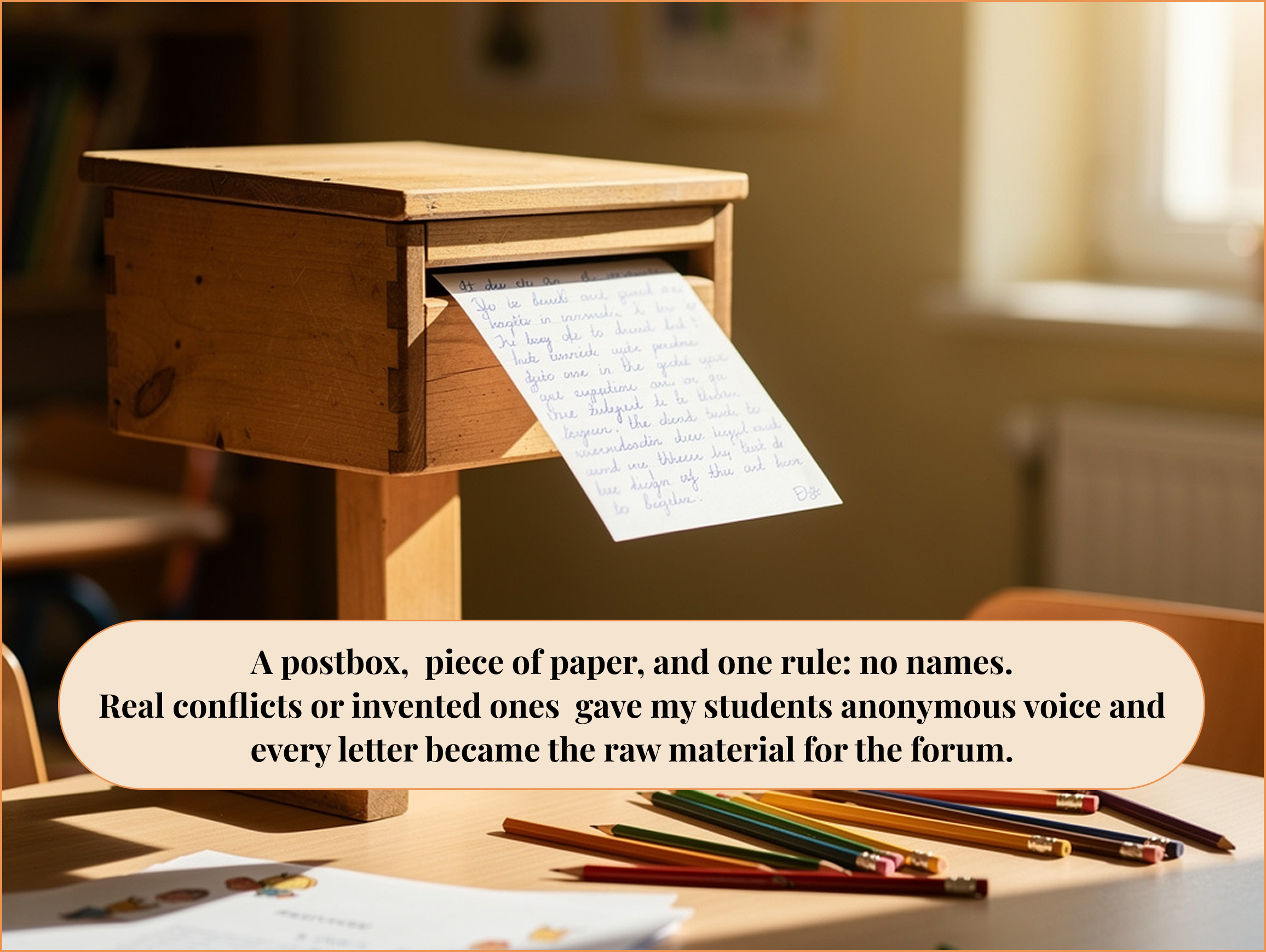 Wooden postbox on a wooden table with a handwritten letter partially inserted, surrounded by colored pencils and papers in a softly lit room.