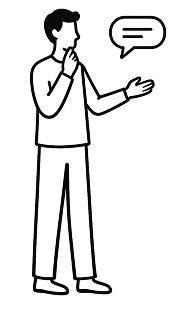 Person standing and speaking with a speech bubble next to their face.